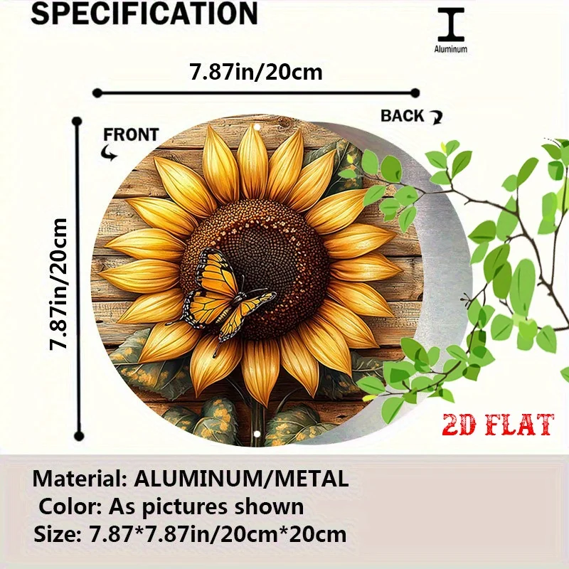 2D Flat Round Sign Featuring a Sunflower Design, Showcasing Natural Beauty with Butterfly Details. This Rustic Metal Wall Art