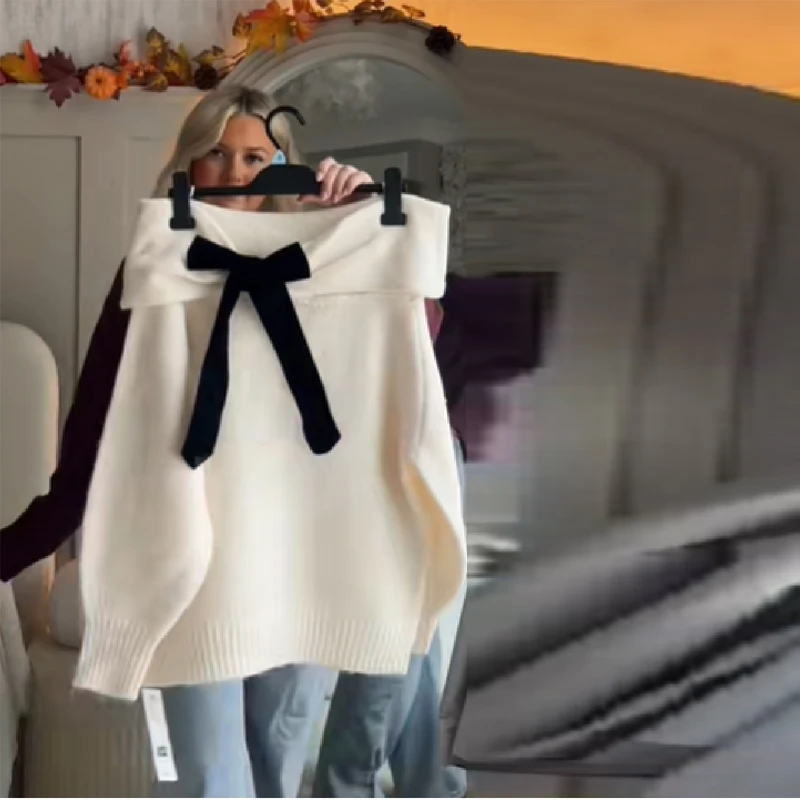 

Female Exquisite Fashion Classical Knitwear New Loose One Shoulder Bow Trim Cute Sweater Autumn Cosy Thick Warm Street Pullover