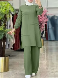 Two-Piece Sportswear Set for Women, Long Sleeved Shirt, Wide Leg Pants, Elegant Monochromatic, Islamic Luxury Clothing, Arab
