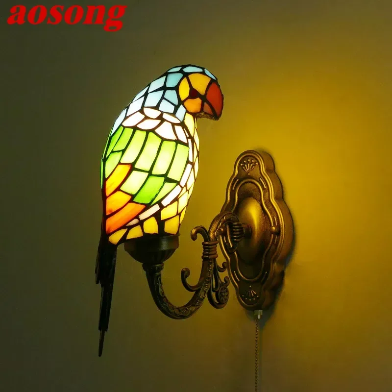 AOSONG Tiffany parrot Wall Lamps American countryside Children's room Homestay Villa Hotel Stained Glass Animal Decoration Lamp