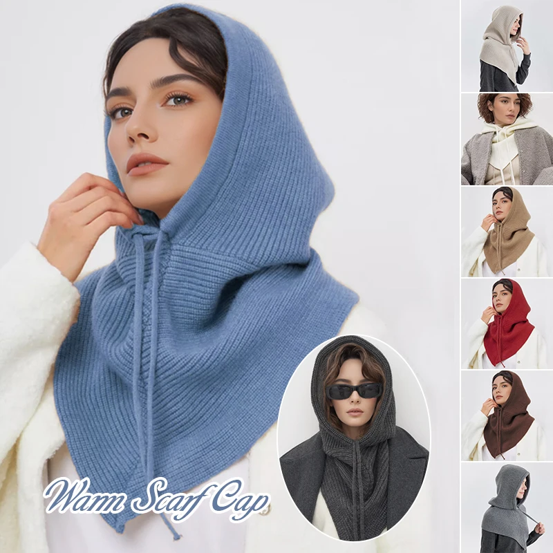 

Вязаные шапки с капюшоном, зимние шапки-балаклавы, женские теплые шапки в корейском стиле на шнурке, цельные шапки с воротником-шапкой