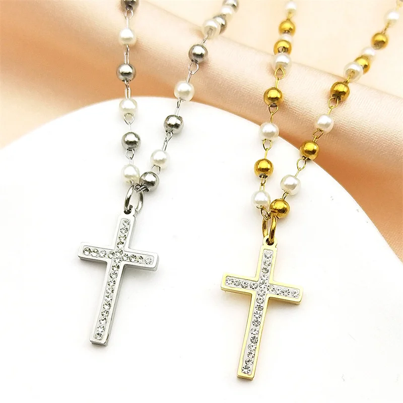 

Crystal Rhinestones Cross Pendant Necklace for Women Pearl Beads Chain Stainless Steel Aesthetic Necklaces Christian Jewelry