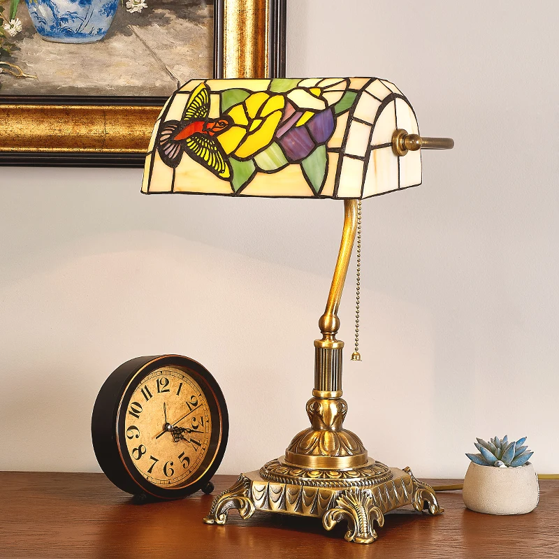 Restaurant Stained glass shade LED Table Lamp multicolor Copper Tiffany table lighting  Abajur Bedroom reading study Desk Light