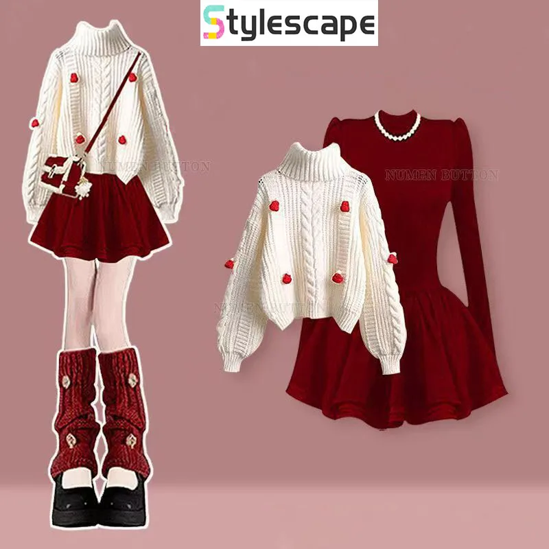 Autumn Korean Style Women's Age Reducing and Slimming Knitted Sweater Paired with a Red Slim Fit Pure Desire Dress Two-piece Set