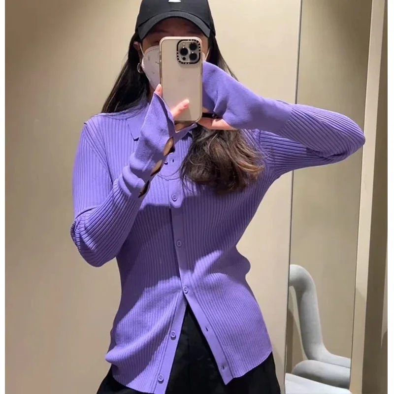 Autumn Winter Women Slim Fit Purple Sweater Ribbed Knitted Cardigan Girls Cute Knit Top Long Sleeve Button Up Street Knitwear