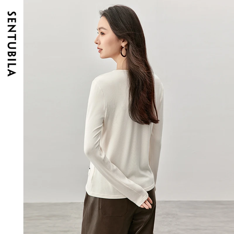 SENTUBILA Women Cotton Knit Basic T-shirt 2024 Autumn Casual Simple Long Sleeve Tops Female Tshirt Woman Fall Clothing 143T57059