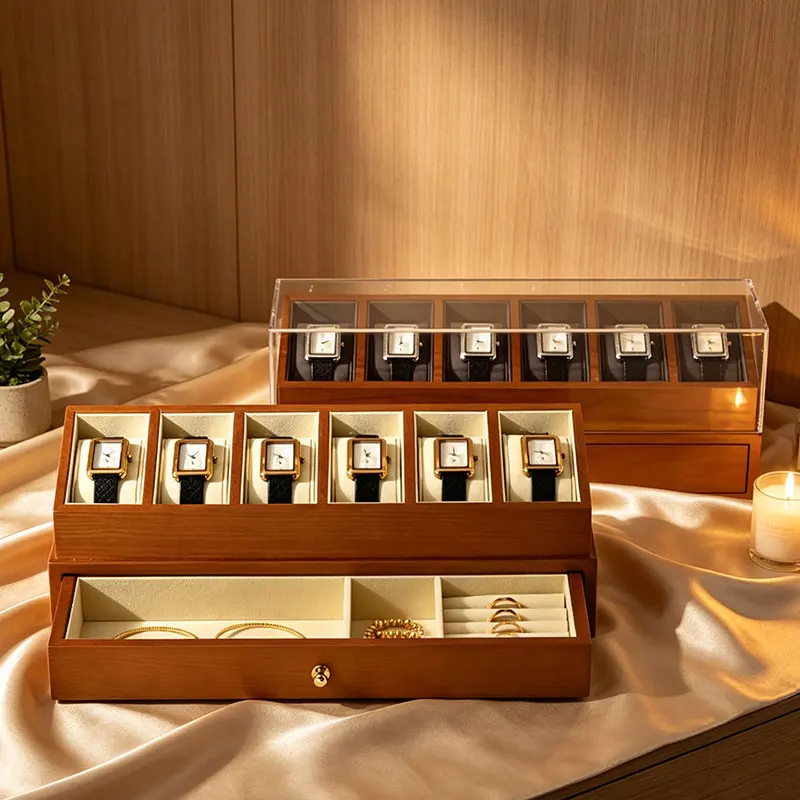 WoodTen Watch Box Double-layer Jewelry Organizer 6 Grilds Wooden Wrist Watch Display Box Dust-proof Transparent Cover Watch Case