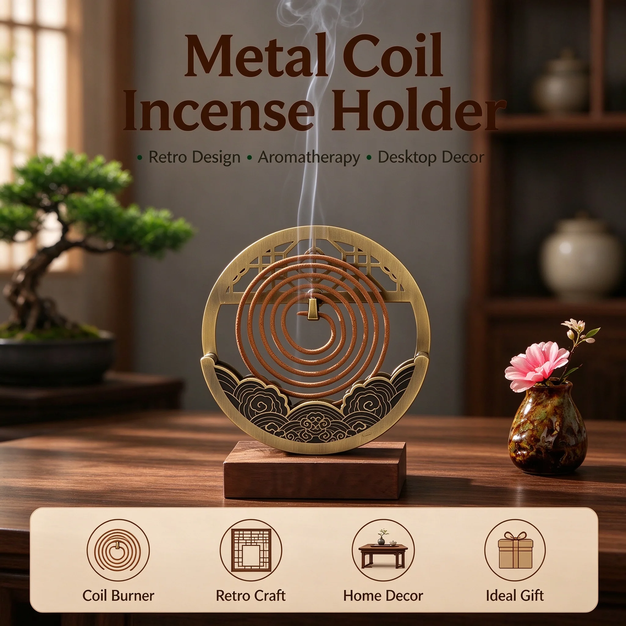 Metal Incense Holder Retro Coil Burner Mosquito Incense Tray Aromatherapy Burner Home Desktop DecorationOrnament Gift