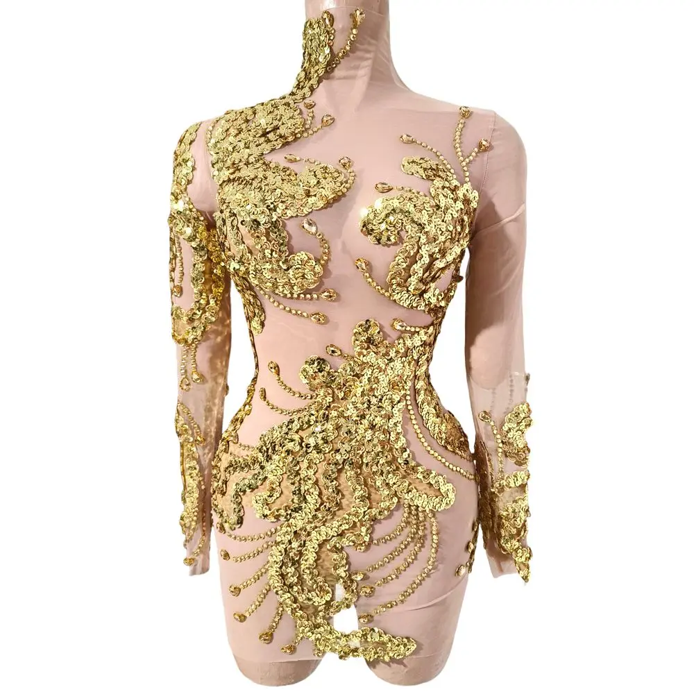 

Sparkly Gold Rhinestones Sequins Birthday Celebrate Short Skirt for Women Sexy Mesh Transparent Photo Shoot Wear Stage Costume