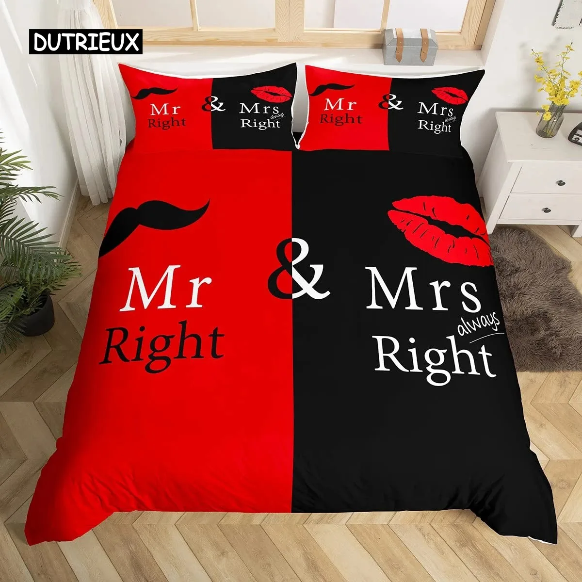 

Mr Mrs Duvet Cover Set Funny Black Red Creative Twin Bedding Set Microfiber Love Man Mustache Woman Lip Romance Comforter Cover