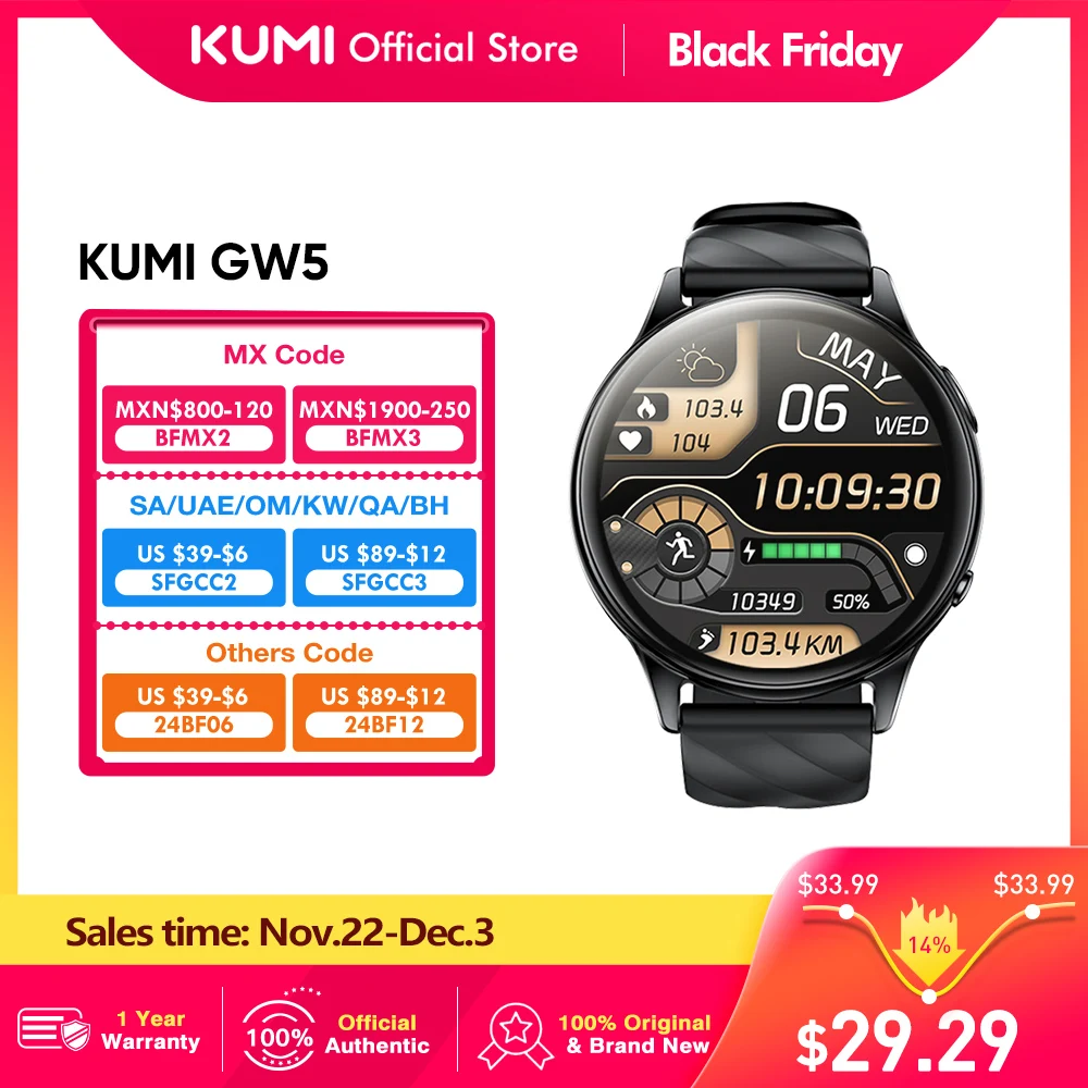 KUMI GW5 Smartwatch 1.39 Inch Ultra-thin Body Bluetooth 5.2 100+Sport Heart Rate Oxygen Monitor Waterproof IP68