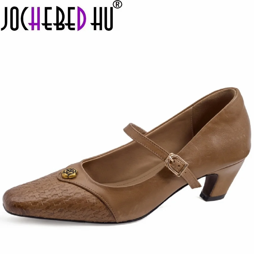 

【JOCHEBED HU】Женские элегантные женские повседневные модельные туфли из натуральной кожи ручной работы в стиле пэчворк Мэри Джейн на среднем каблуке 4 см, размеры 34-40
