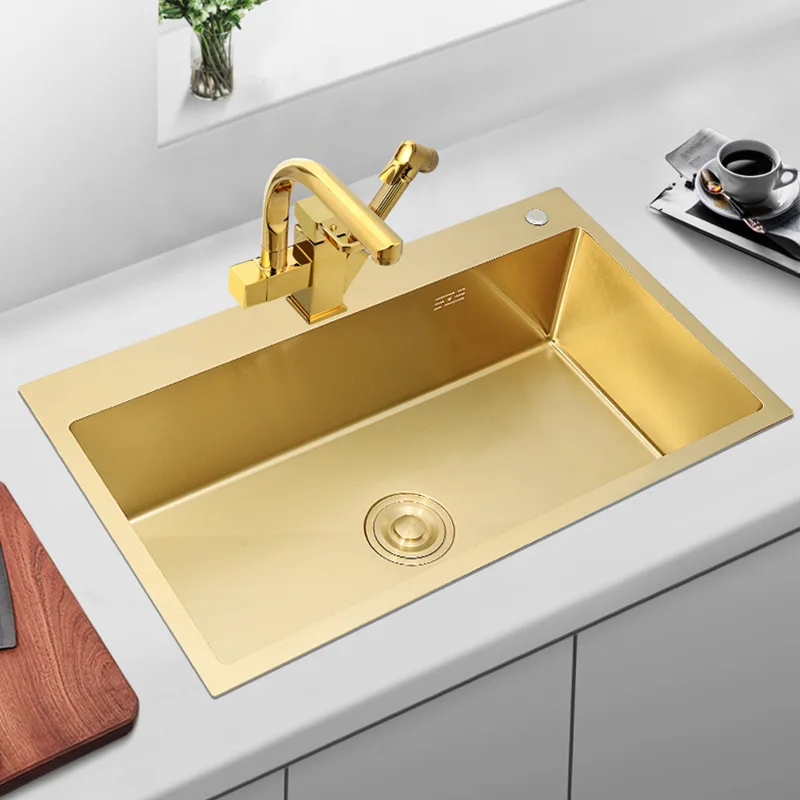 

Gold Kitchen Sink Above Counter or Undermount 304 Stainless Steel Single Bowl Goldn Basket Drainer Soap Dispenser Washing Basin