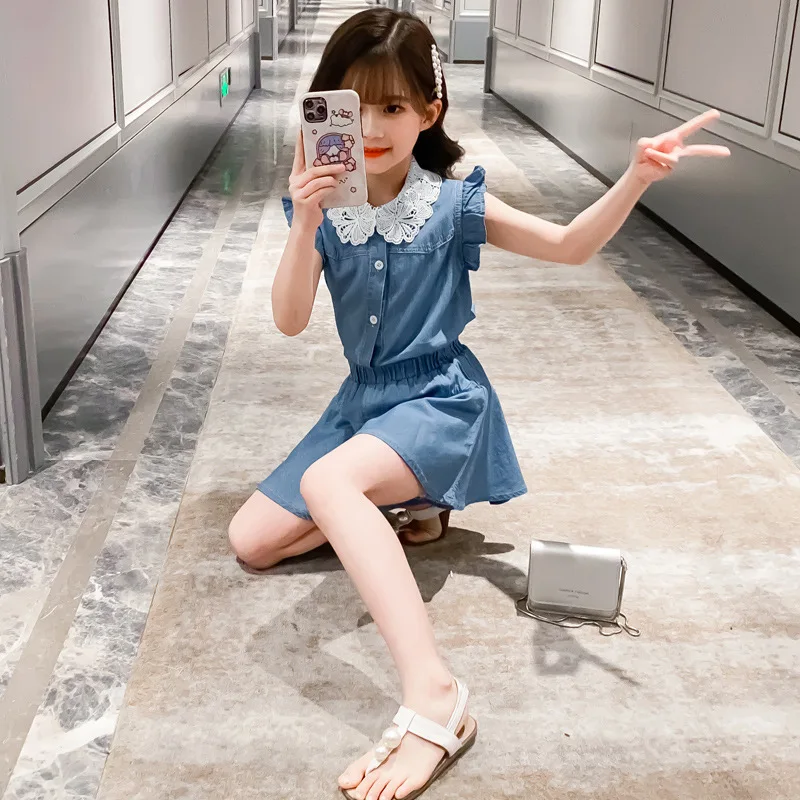 New Summer Teens Kid Baby Girls Clothes Lace off Shoulder Denim T Shirt vest + Solid Pants Outfits 5 6 7 8 9 10 11 12 Years