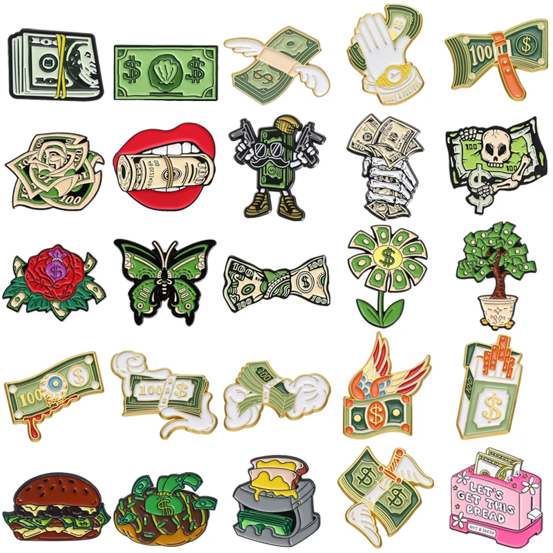 Money Collection Enamel Brooch Shell Dollar Geometric Banknote Lapel Badge Pins Jewelry Party Friends Gifts For Women Girls