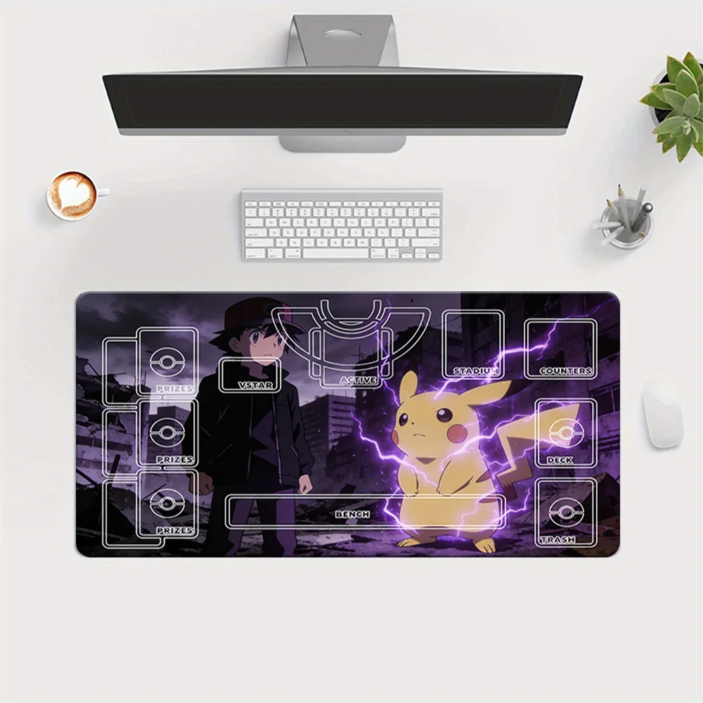 

Pokemon TCG Playmat with Ash & Pikachu Thunder Ruined City Design, Large Trading Card Game Mat with Zones, Extended Desk Mouse P