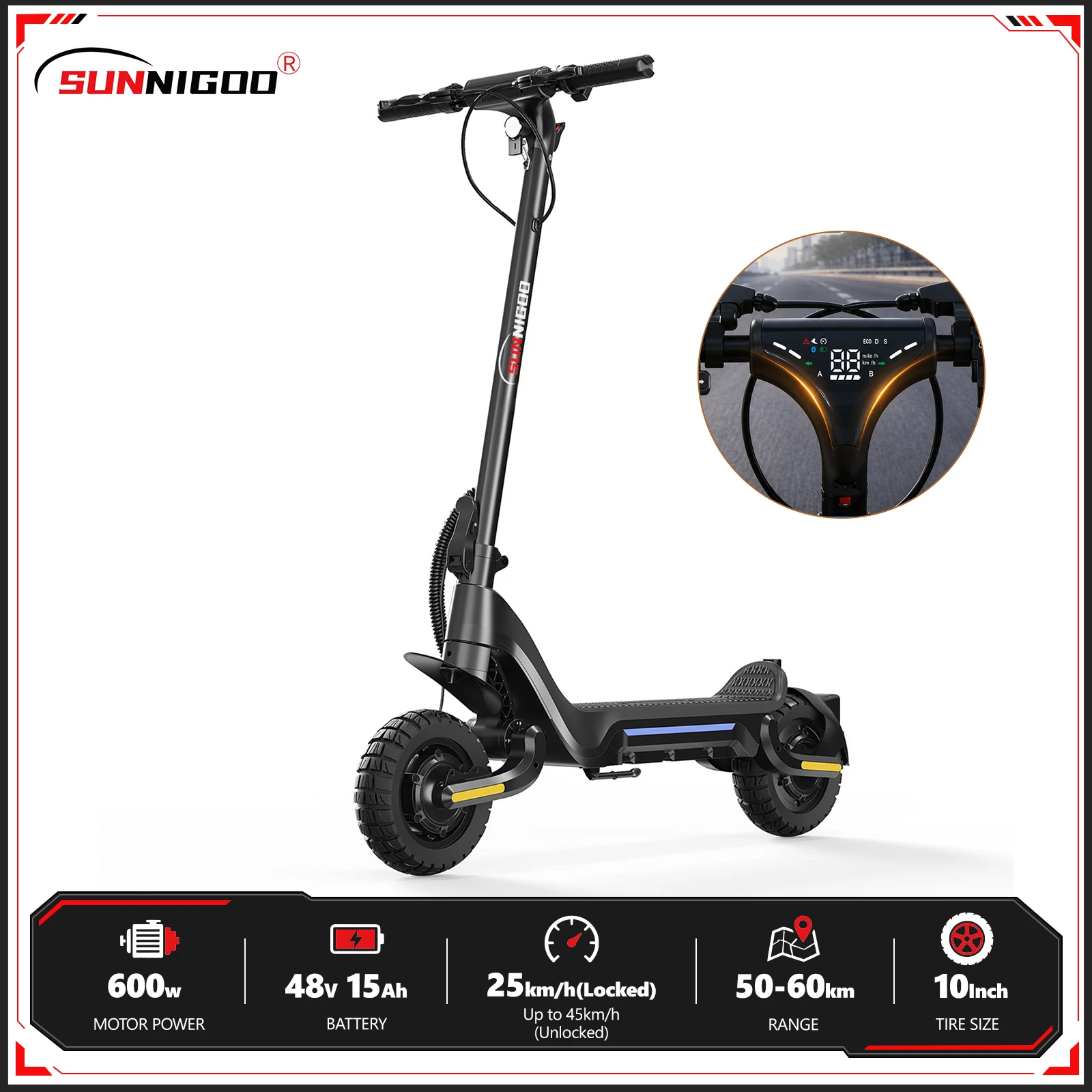 SUNNIGOO X5 Hochleistungs-Klapp-Elektro-Scooter 48V 600W Motor (1200W Spitzenleistung) 15Ah Batterie mit 50-60 km Reichweite 45 km/h Höchstgeschwindigkeit (25 km/h begrenzt) 10-Zoll-Offroad-Reifen,
