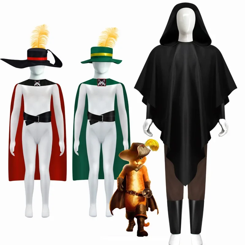 Anime Film Der gestiefelte Kater PUSS Erwachsene Kinder Cosplay Kostüm Umhang Hut Gürtel Anzug Katze PUSS Komplettes Kostüm Halloween Kostüm