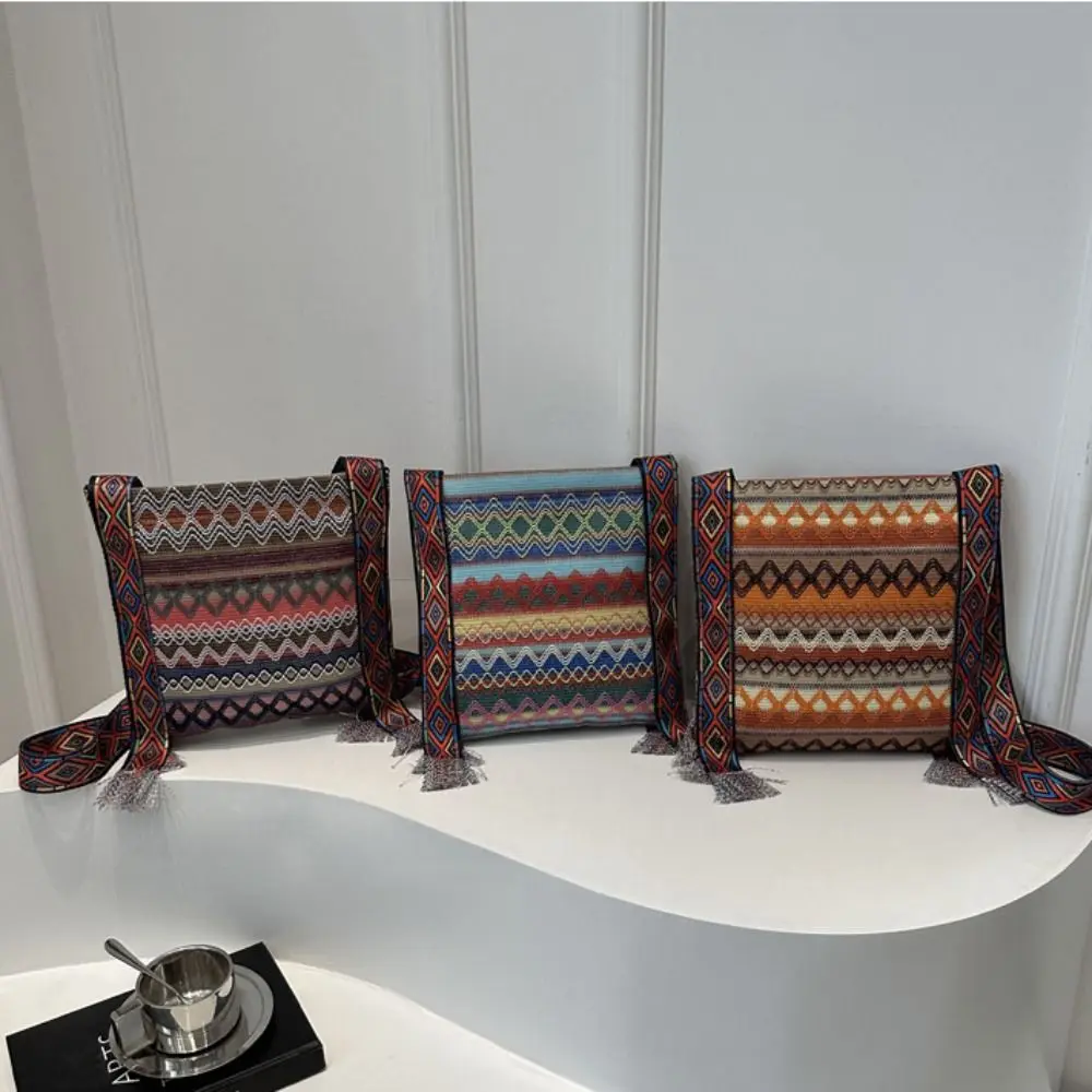 شرابة العرقية نمط حقائب كروسبودي حقيبة من القماش سعة كبيرة هامش حقيبة كتف هندسية حقيبة ساعي حقيبة كتف بوهيمية #1