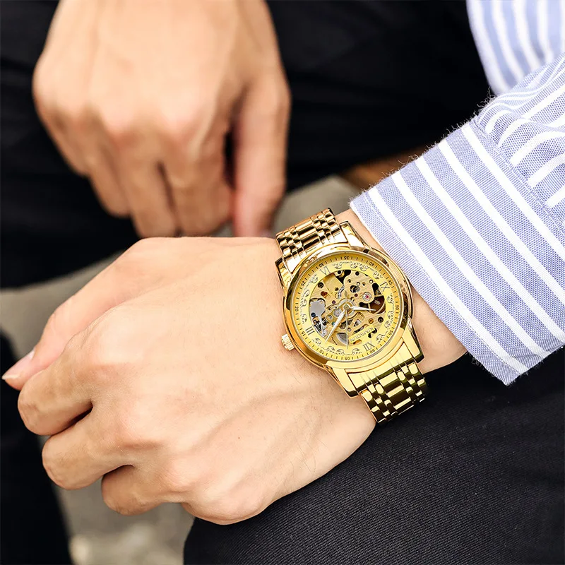 Stainless Steel New Business Gold Three-Hands Full Skeleton Luminous Waterproof Tourbillon Self-Wind Automatic Watch for Men