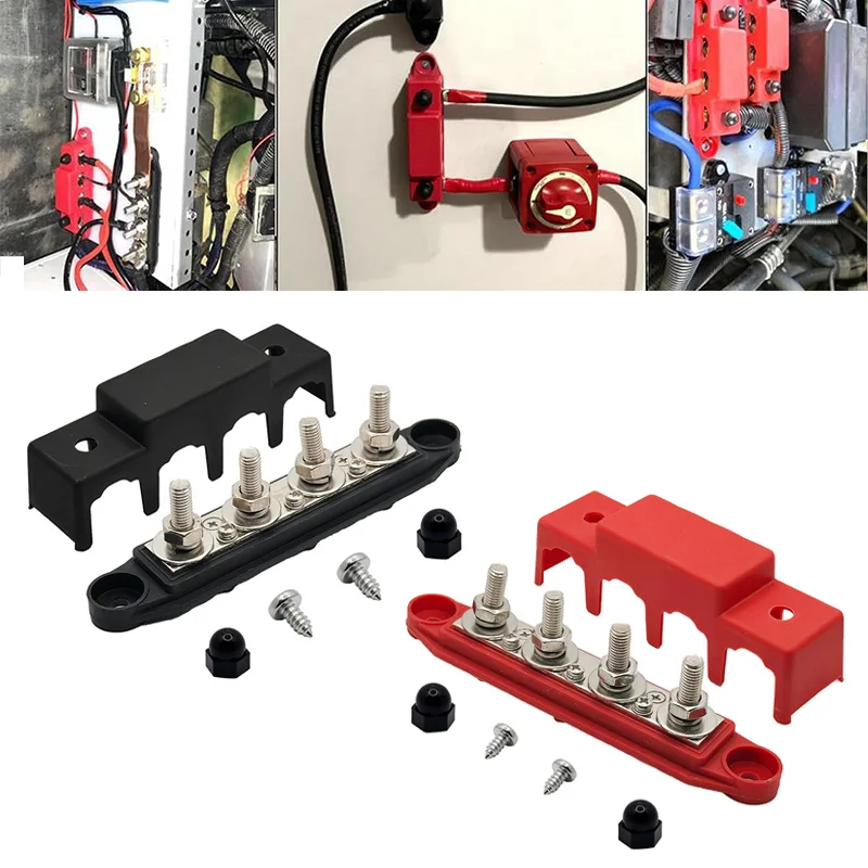 4 Terminal Bus Bar High Current Power Distribution Block M8 M10 Stud DC 48V 250A RV Car Boat Battery Junction Busbar