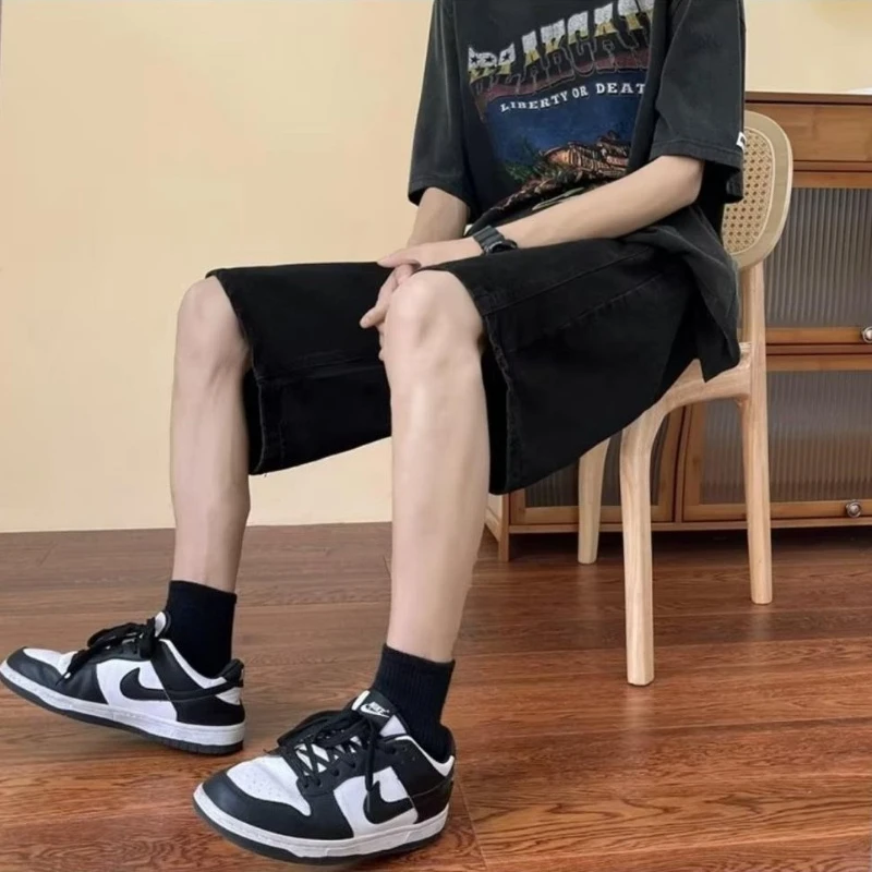 Men's Washed Denim Shorts Summer Lightweight Loose Fit Elastic Waist Plus Size Mid-Length Hong Kong Hip Hop Street