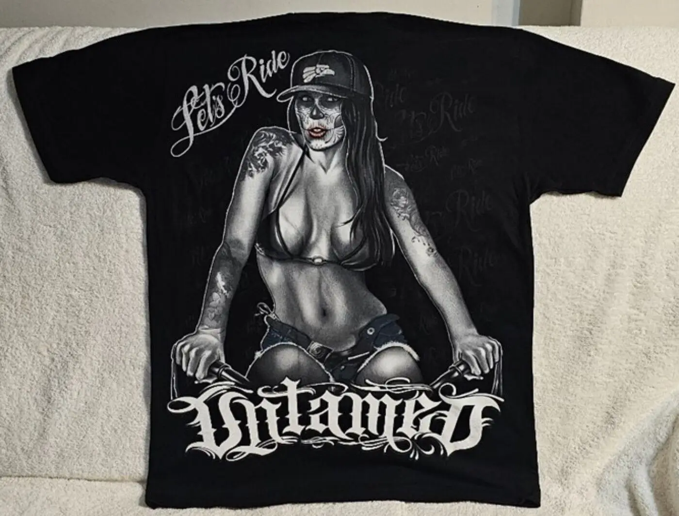 

SEXY DAY OF DEAD TATTOO LADY BICYCLYE LET'S RIDE UNTAMED T-SHIRT