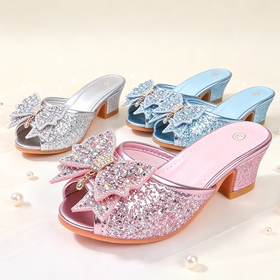 Luxury Children's Shining Sequined High Heels Princess Slide Slippers Summer Fairy Girls Elegant Party Open‑toe Crystal Sandals