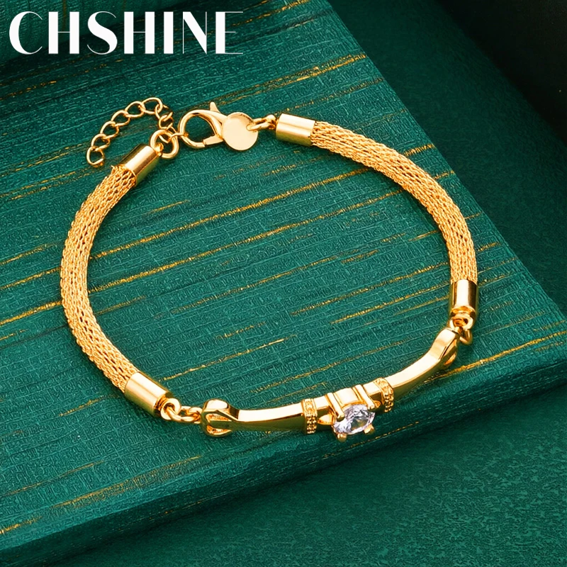 925 Sterling Silver 18K Gold  Woven Mesh Bracelet With Single Zircon Charm Extension for Women Elegant Party Jewelry Gift