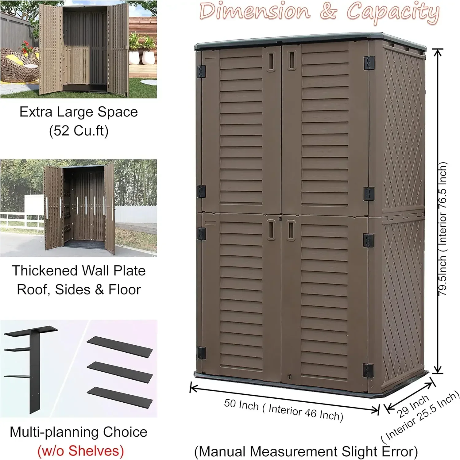 EUA 66 Cu.ft galpões de armazenamento verticais ao ar livre com armário de chão à prova d'água garagem piscina bicicleta galpão jardim (marrom)