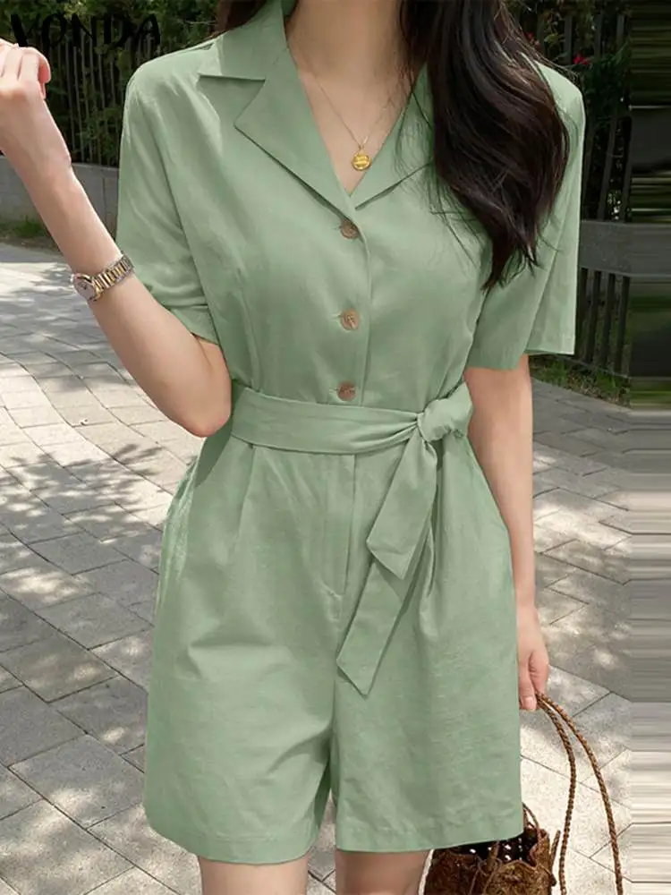 

VONDA Summer Short Jumpsuits 2023 Short Sleeve Belted Women Rompers Solid Color Loose Casual High Waist Elegant OL Playsuits