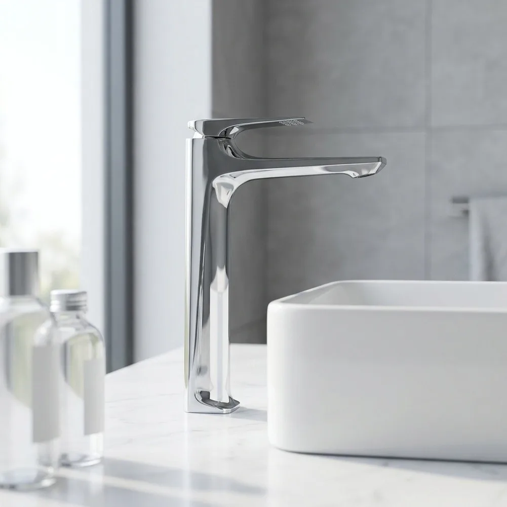 Elevated Sink Faucet for Bathroom Vanity Applications with Polished Silver Exterior and Solid Copper Alloy Internal Structure