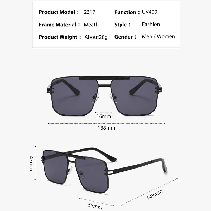 Large-Frame Double-Bridge Metal Sunglasses UV400 Fashionable Trendy Style Protection