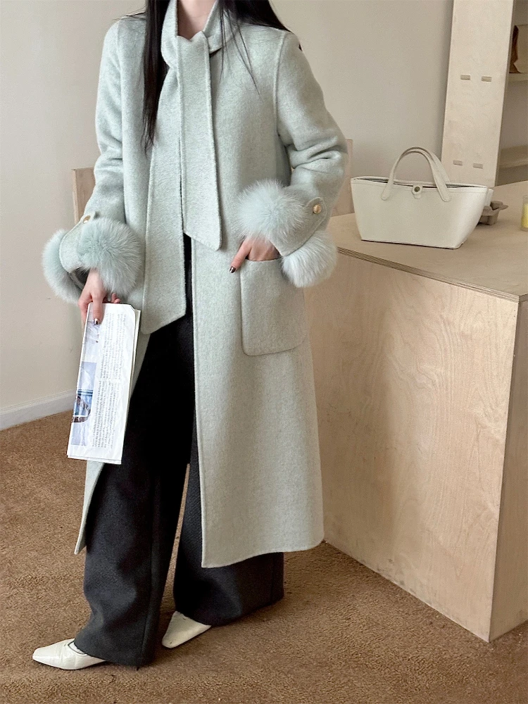Elegant OL Office Lady Overcoats Fox Fur Patchwork Long Sleeve Woolen Coat Beautiful Women's Double-Sided Wool Jacket 2026 New
