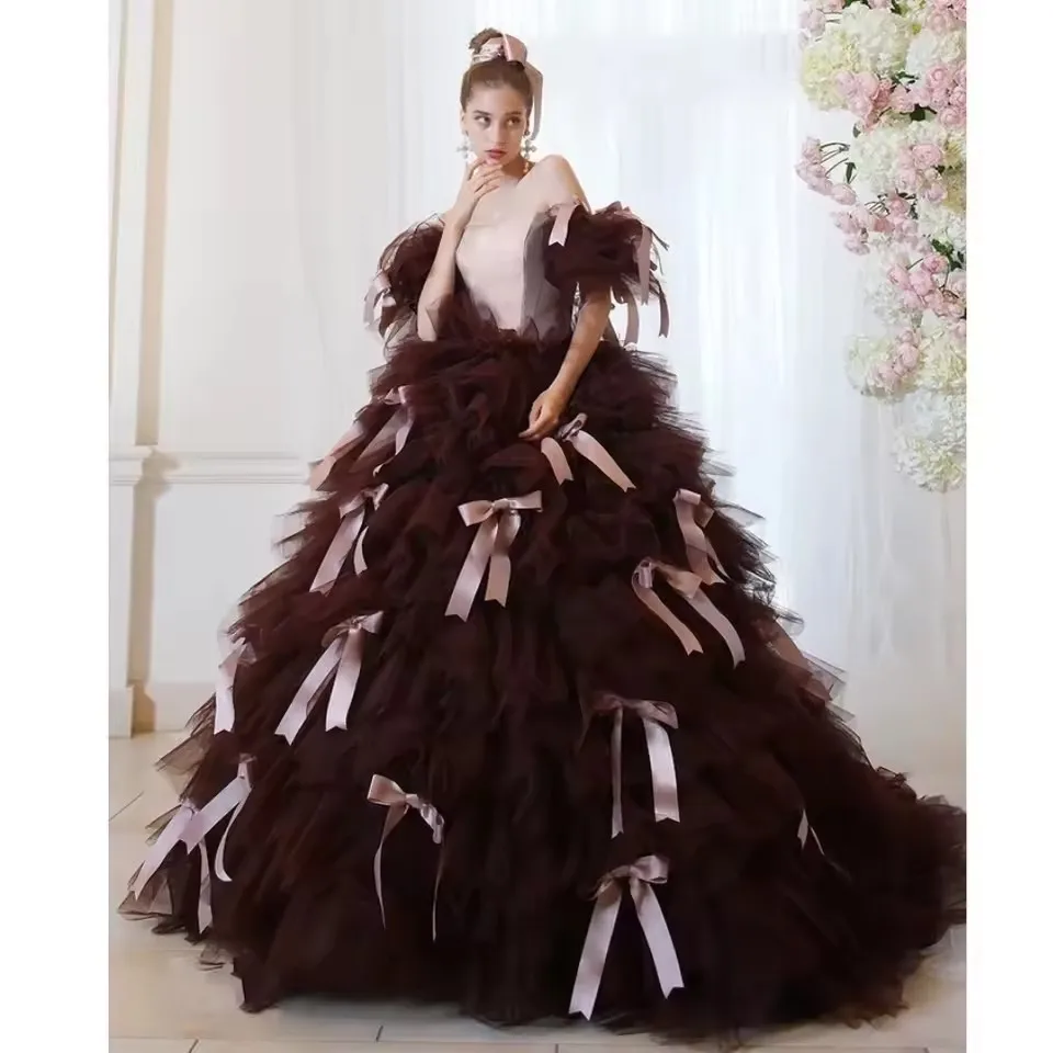 

Couture Fairytale Brown с милыми розовыми бантами, большой объем, фатиновое вечернее платье-пачка, свадебные платья, свадебные платья из тюля