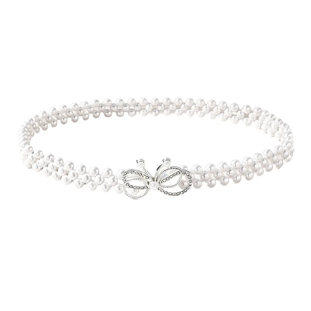 Pearl Beads Pearl Waist Chain Stretch Elastic Band Rhinestone Inlaid Elastic Waistband Pearl Strung Design Thin Narrow Style