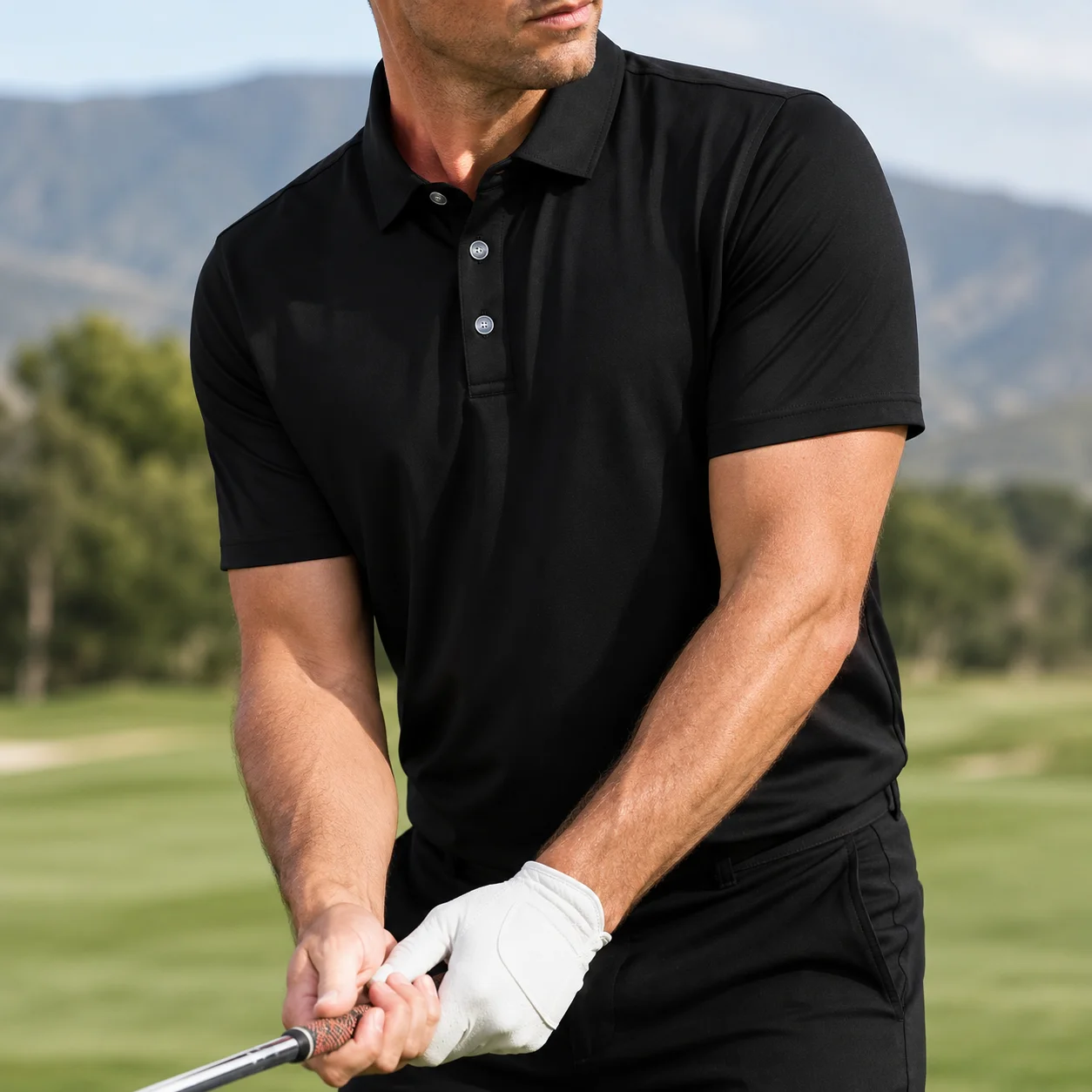 Men Black Golf Polo Shirt Short Sleeve Performance Sportswear Quick Dry Breathable Stretch Casual Outdoor Shirt Ready Stock