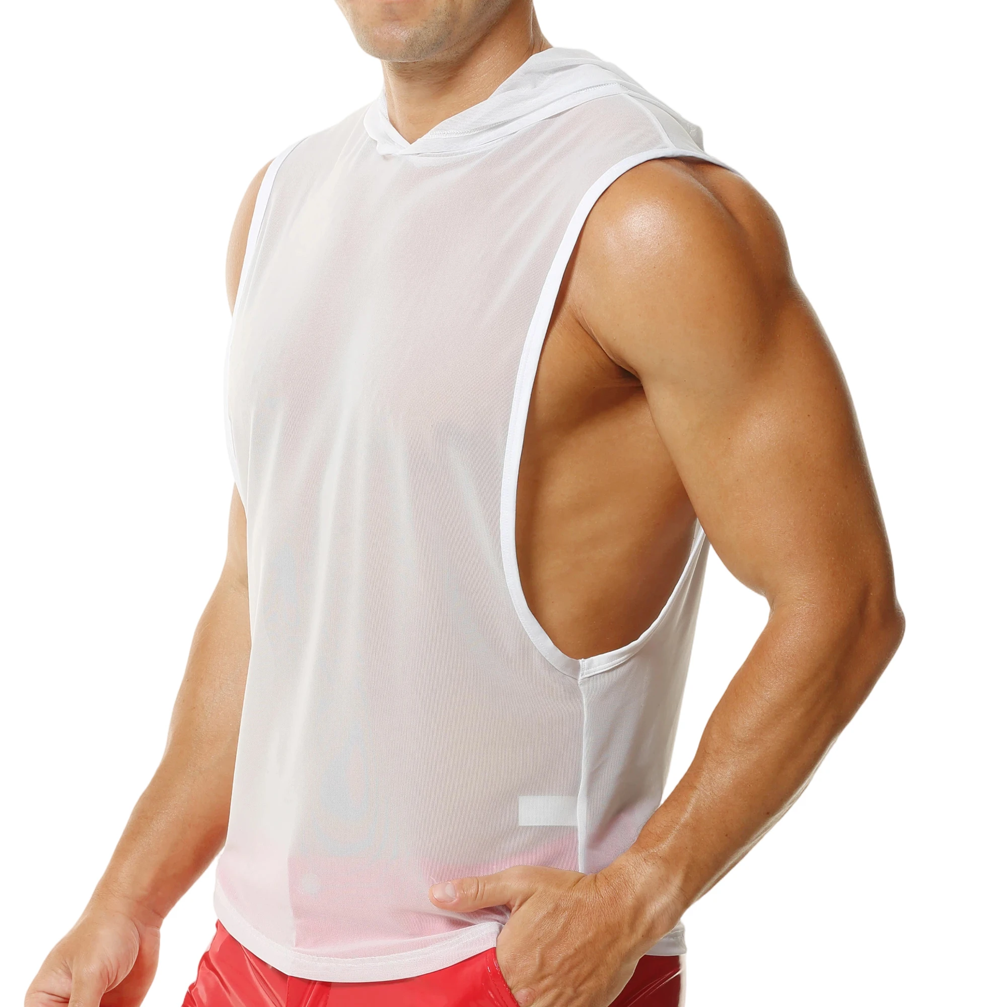 Men's Sexy Sheer Mesh Hooded Loose Tops See Through Long/Short/Sleeveless T-shirts Breathable Casual Solid Tees Gym Undershirts