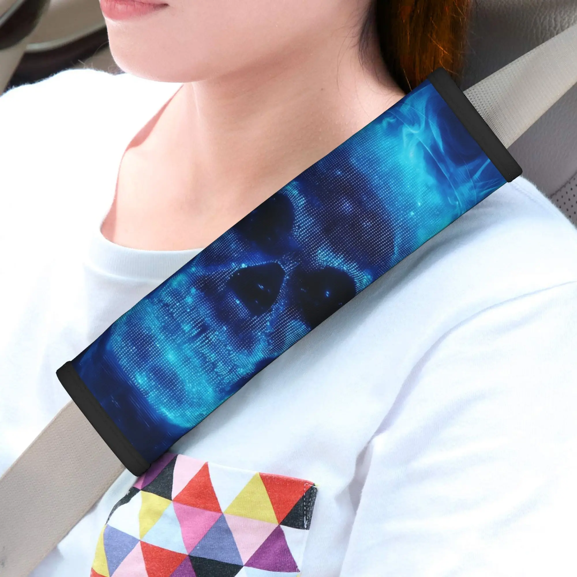 1pc Neon Blue Glowing Dot Matrix Skull With Headphones Surrounded By Ethereal Cyber Flames Car Safety Shoulder Straps, General M