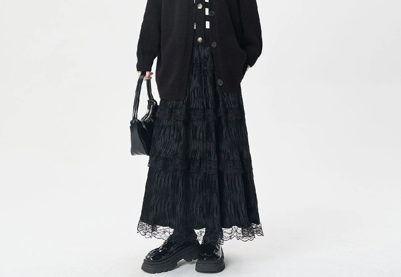 กระโปรงผ้าไหมลายลูกไม้สำหรับผู้หญิง สไตล์ฤดูใบไม้ร่วงและฤดูหนาวแบบอ่อนโยน กระโปรงทรงเค้กสไตล์นางฟ้า เอวสูงแบบยางยืด กระโปรงทรงเอ ยาว