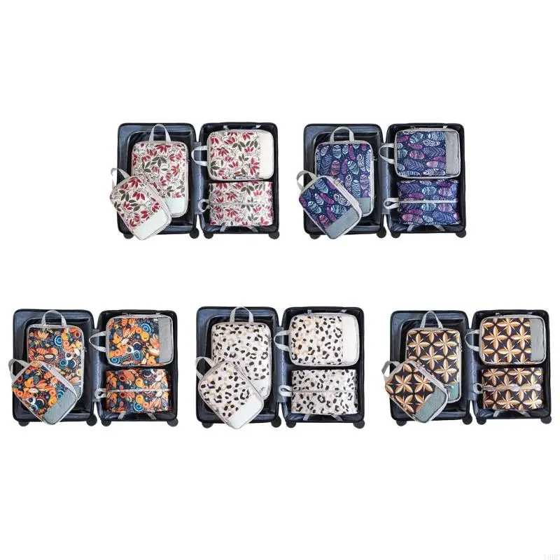 

Y88C Set of 4 Travel Organizers Packing Bags Stylish Printing Travel Organizers Cubes For Clothes And Accessories