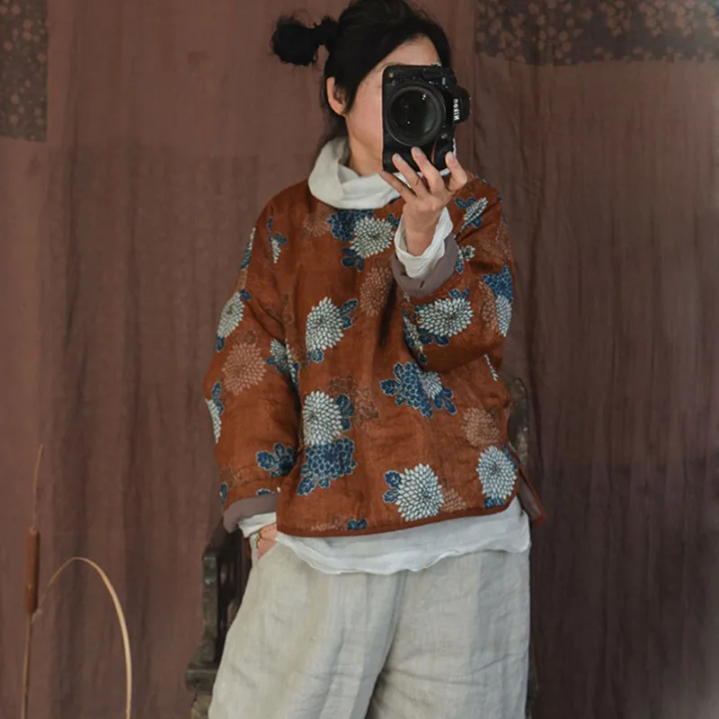 

High Count Ramie Short Jacket Womens Quilted Pullover Printed Long Sleeve High Low Light Weight Loose Chinese Coat Autumn Winter