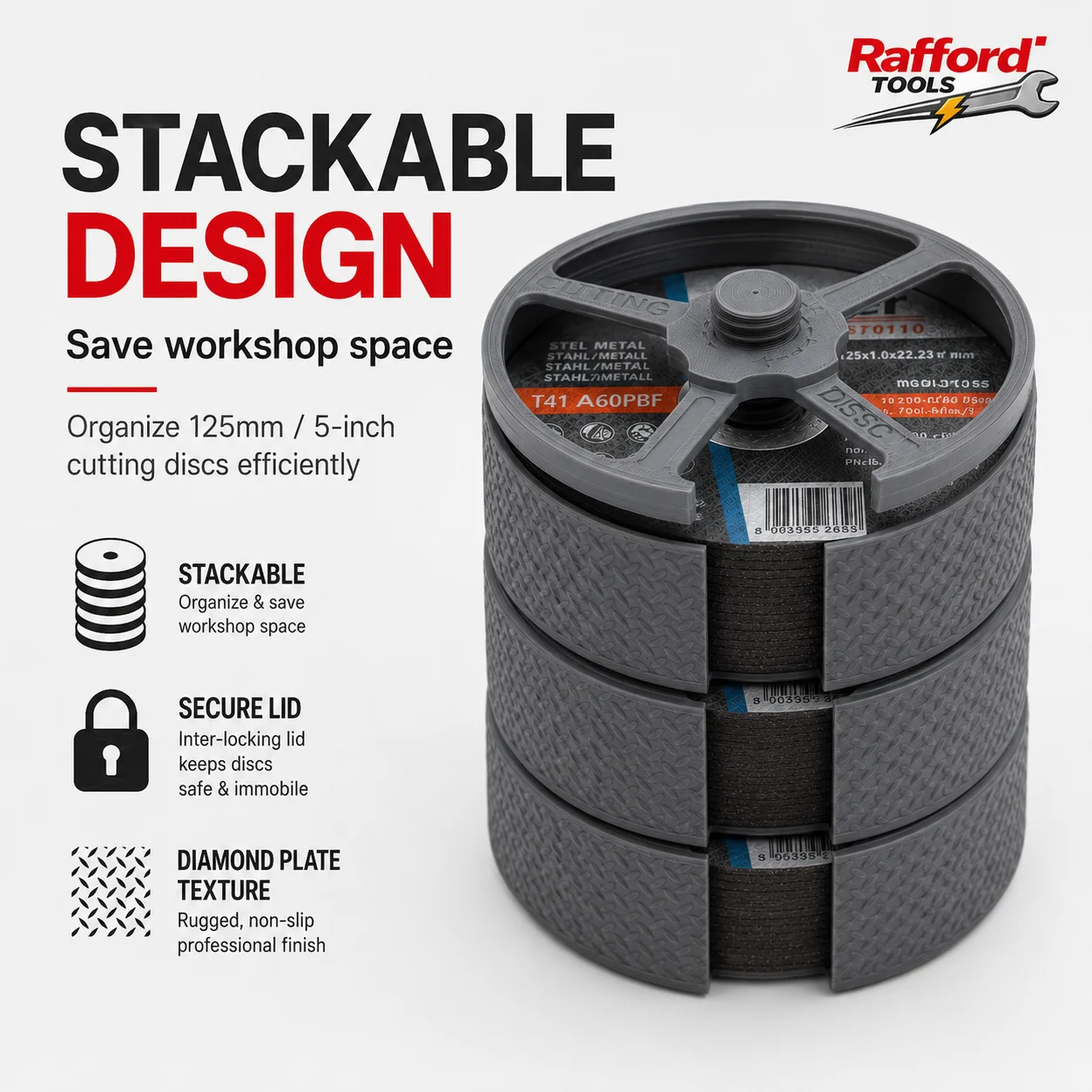 Rafford 125mm Cutting Disc Storage Box 5 Inch Stackable Angle Grinder Disc Holder with Screw Locking Lid Black Gray