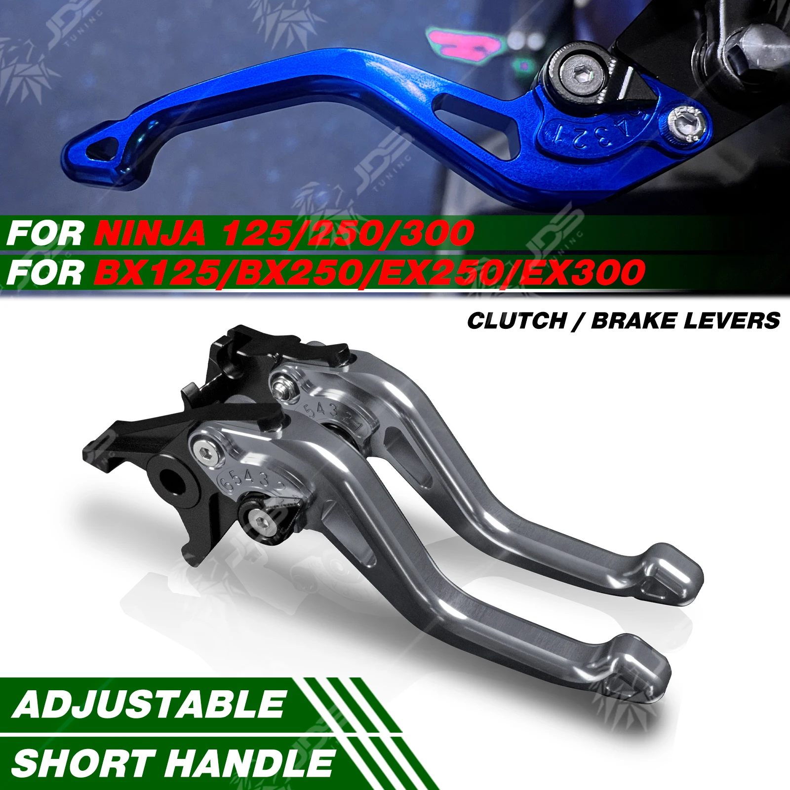 Для Kawasaki NINJA125/NINJA250/NINJA300/BX125/BX250/EX250/EX300: регулируемые короткие тормозные рычаги с тремя пальцами.
