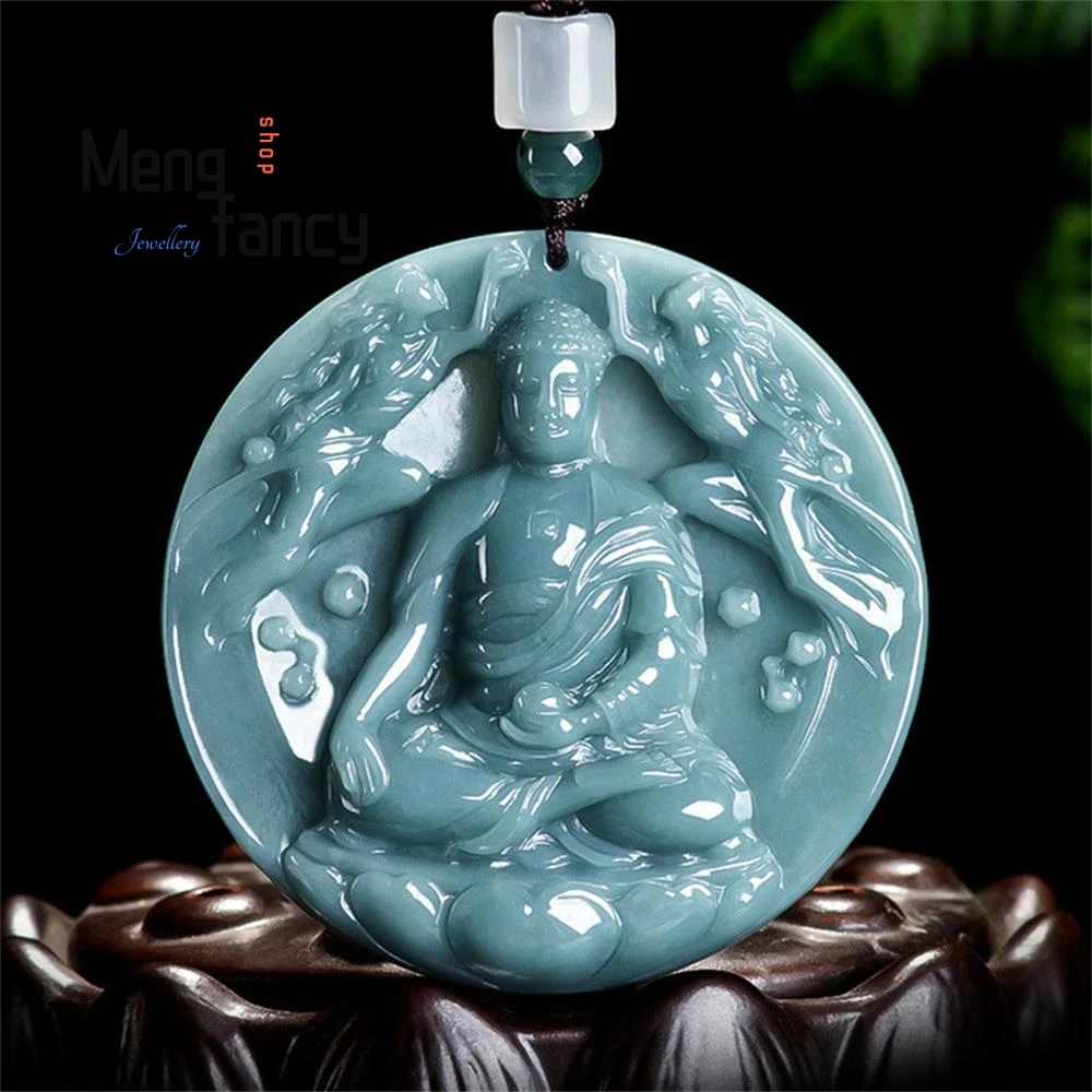 

High-grade Natural A-goods Jadeite Blue Water Dunhuang Flying Buddha Old Material Ice Jade Pendant Buddhist Amulets Holiday Gift