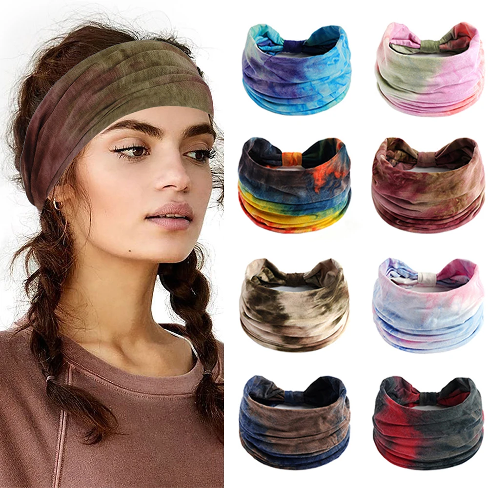 Bohemian Wide Stretch Headbands Multi-color Tie-dyed Yoga Sweatband Turban Head Wrap Bandana Women Hair Accessories Wholesale