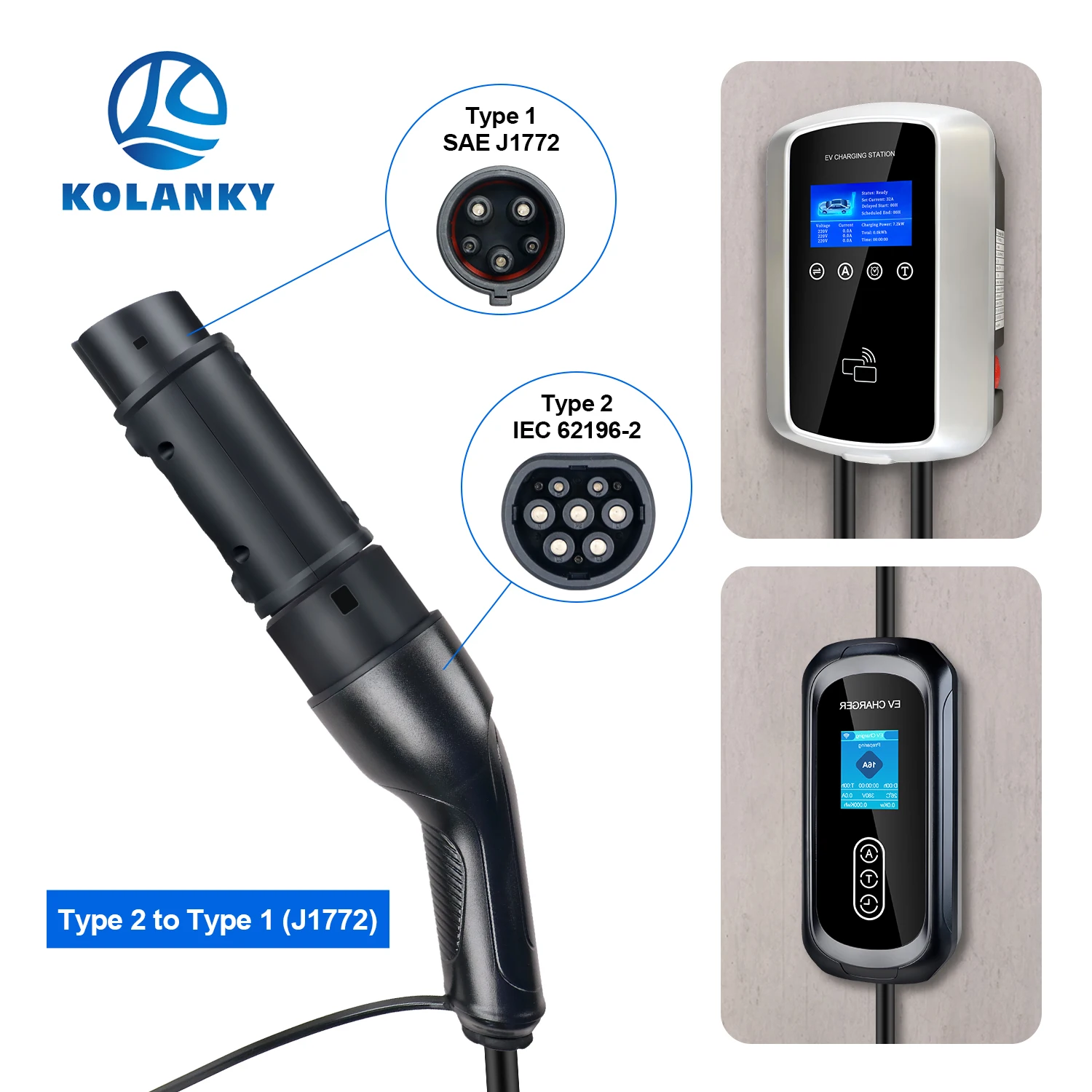 Kolanky EV adaptateur IEC 62196 Type 2 à Type 1 J1772 32A EVSE connecteur de chargeur véhicules électriques voitures convertisseurs de charge