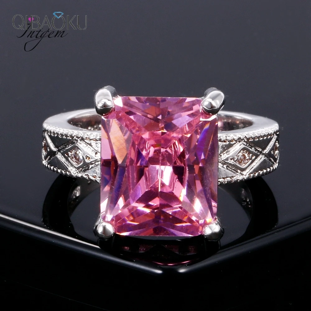 Silver Jewelry Cubic Zirconia Rectangle Pink Cushion Stone Rings Geometric Ring for Women Bridesmaid Wedding Party Gift Ring
