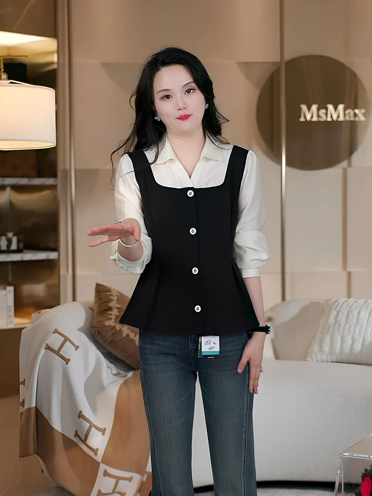 

Elizabeth Fake Two-Piece irt Women's Spring Autumn 2026 New Splice Top Design Sensation Casual Fit Long Sve Slimming