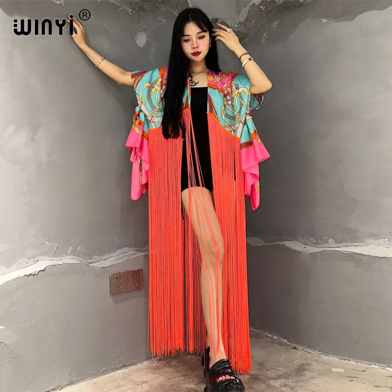 WINYI kimono moda boho letnie stroje plażowe letnie klasyczny nadruk osłona do Bikini sweter seksowne wakacje z długim rękawem sukienka z frędzlami